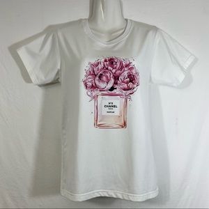 White T-Shirt with pink flower graphic